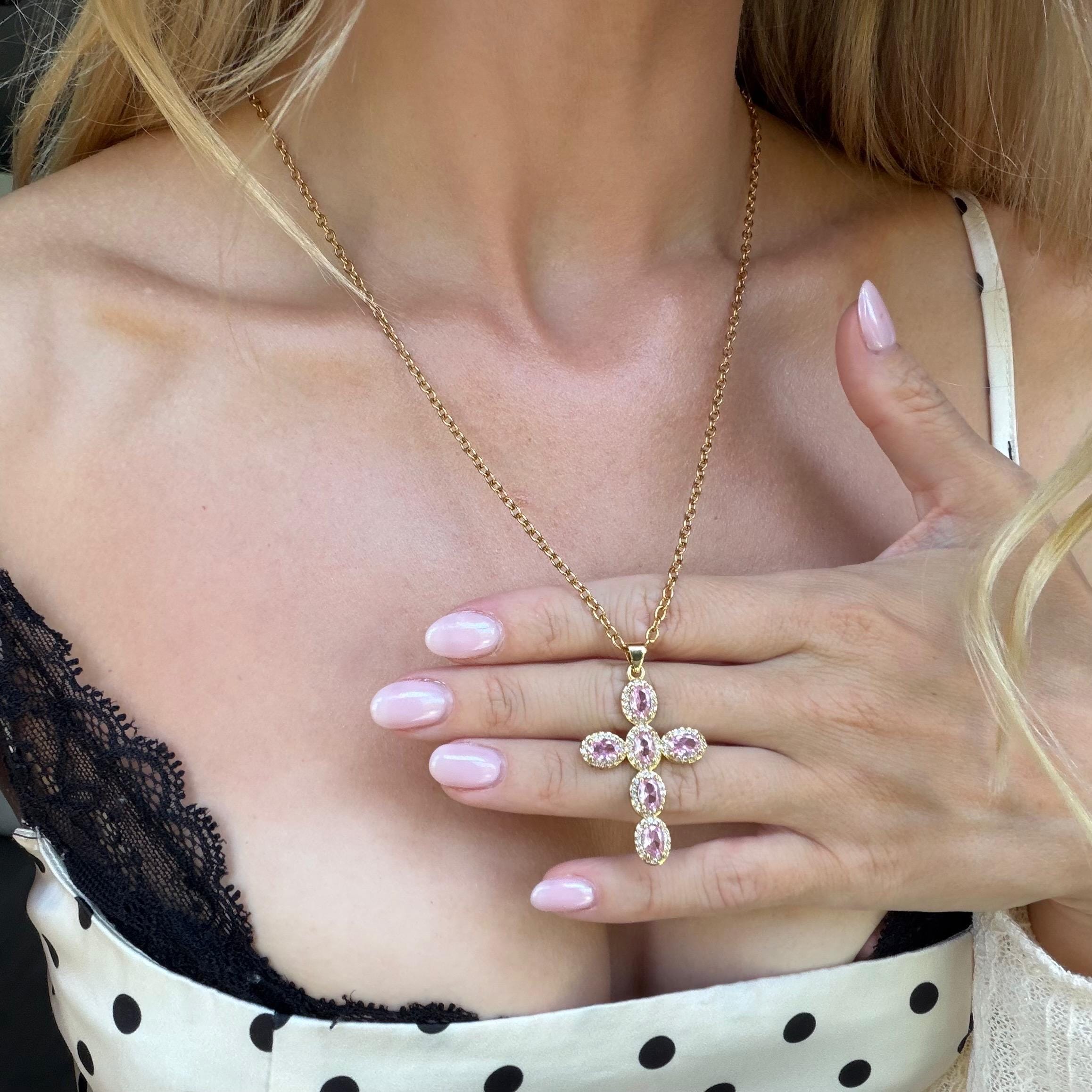 Pink Cross Necklace, Gold Crystal Cross Pendant, Dainty Coquette Cross Necklace, Pink Stone Cross, Faith Jewelry, Gift for Her
