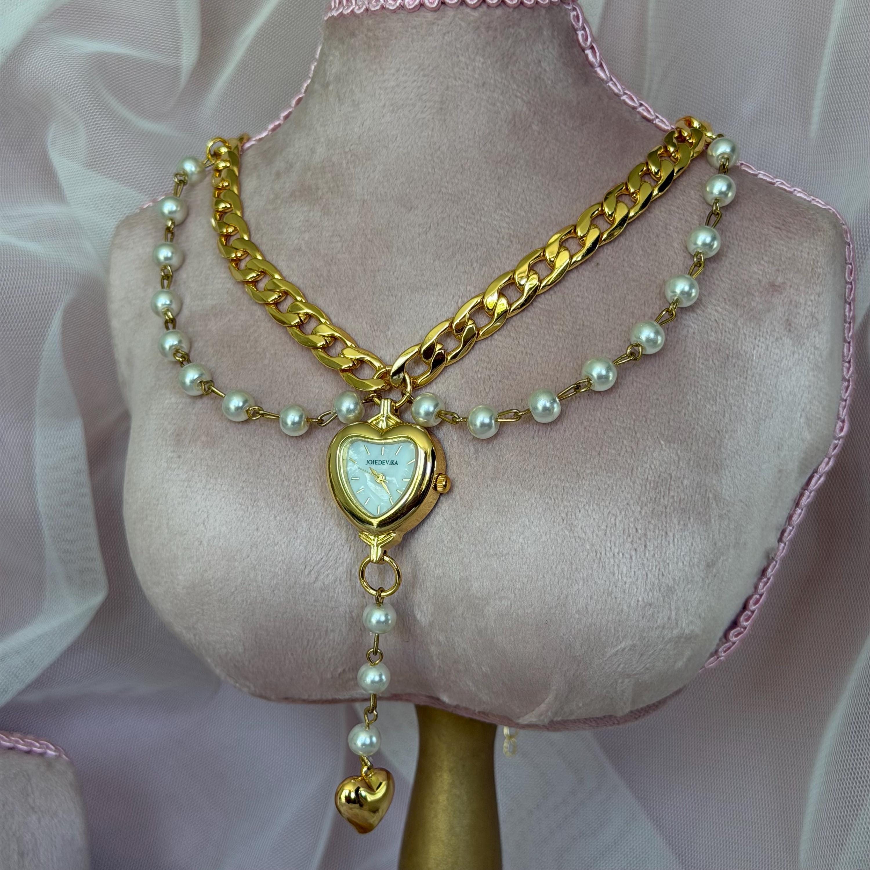 Heart Watch Statement Necklace, Layered Pearl Chain Watch Necklace, Gold Curb Chain Watch Pendant, Coquette Old Money Jewelry, Gift for Her