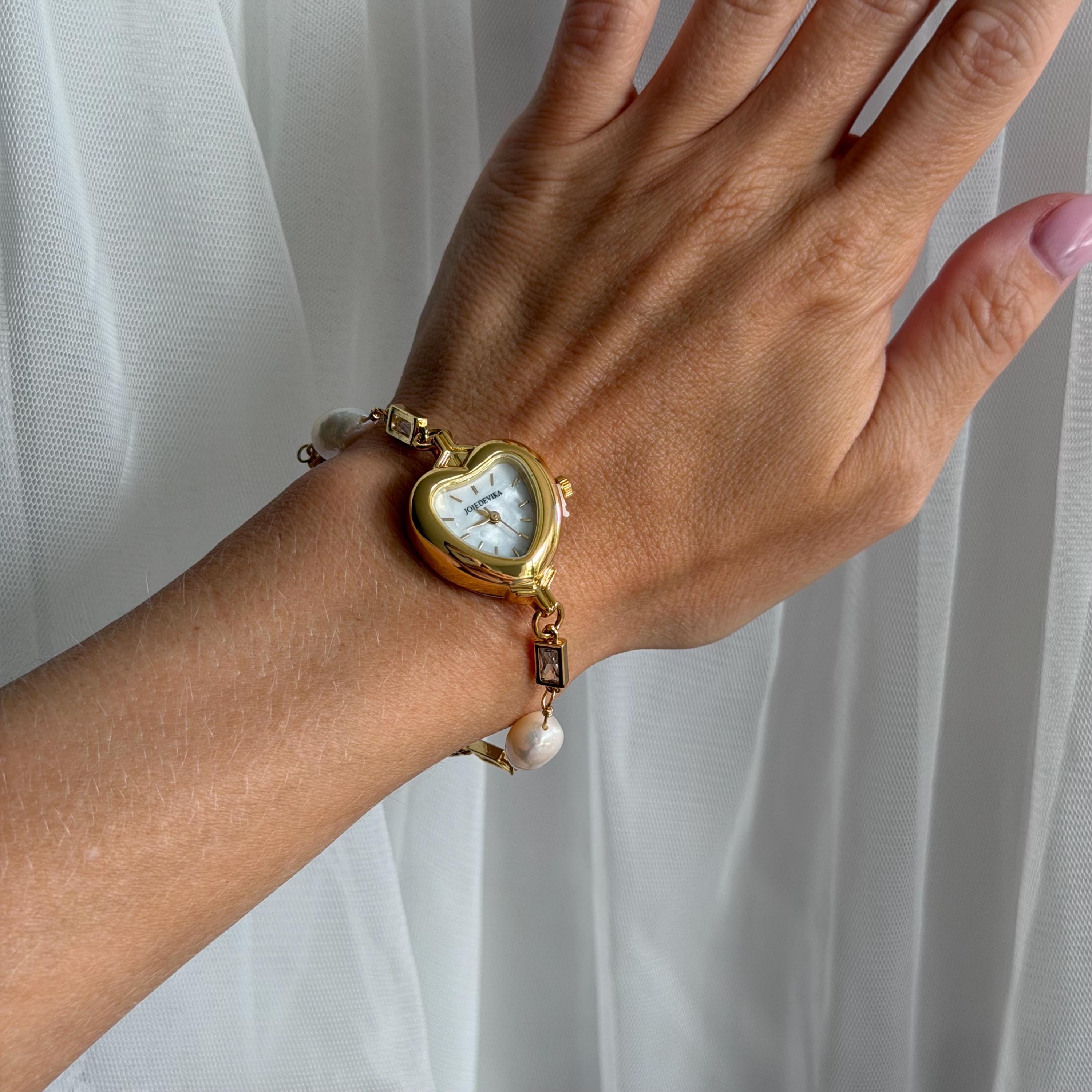 Heart Watch Bracelet with Freshwater Pearls