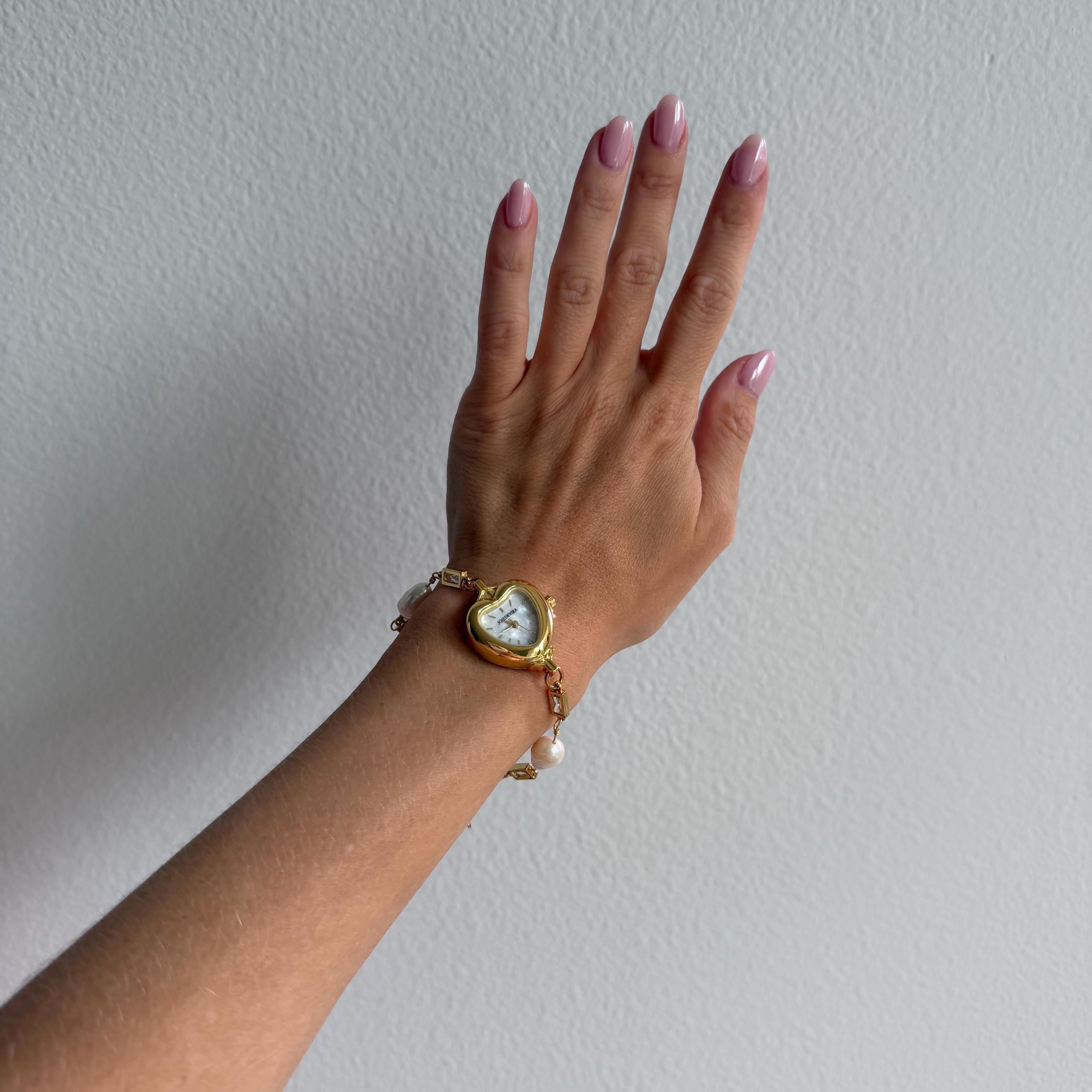 Heart Watch Bracelet with Freshwater Pearls