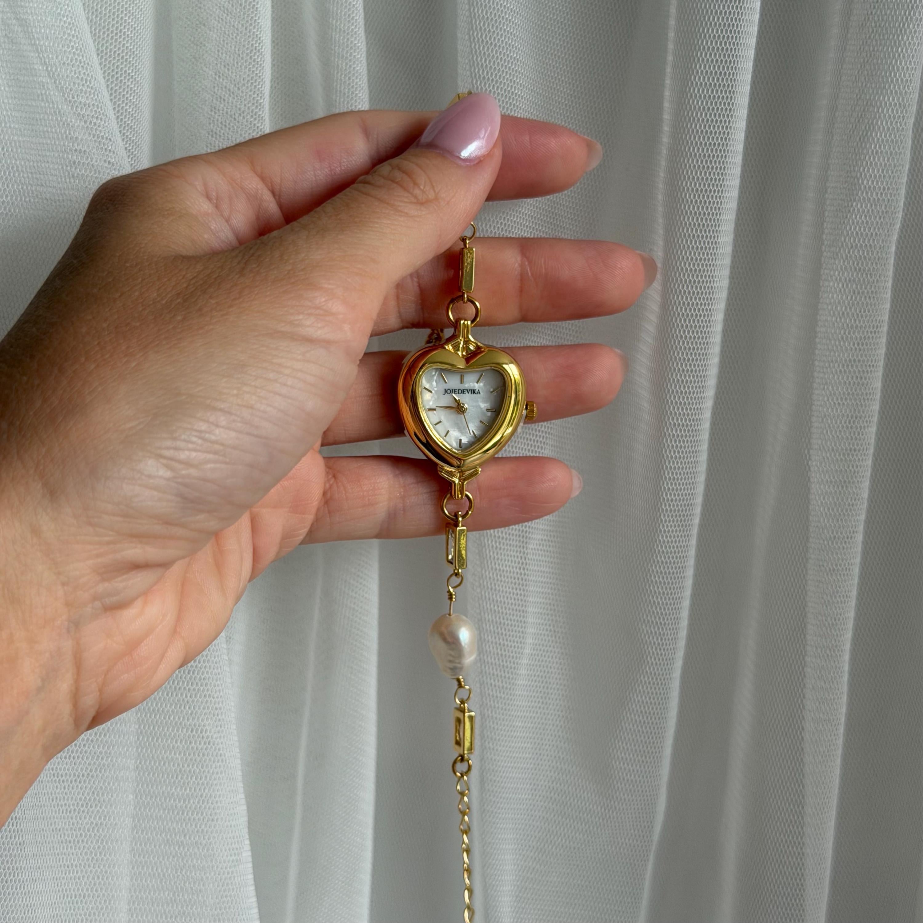 Heart Watch Bracelet with Freshwater Pearls
