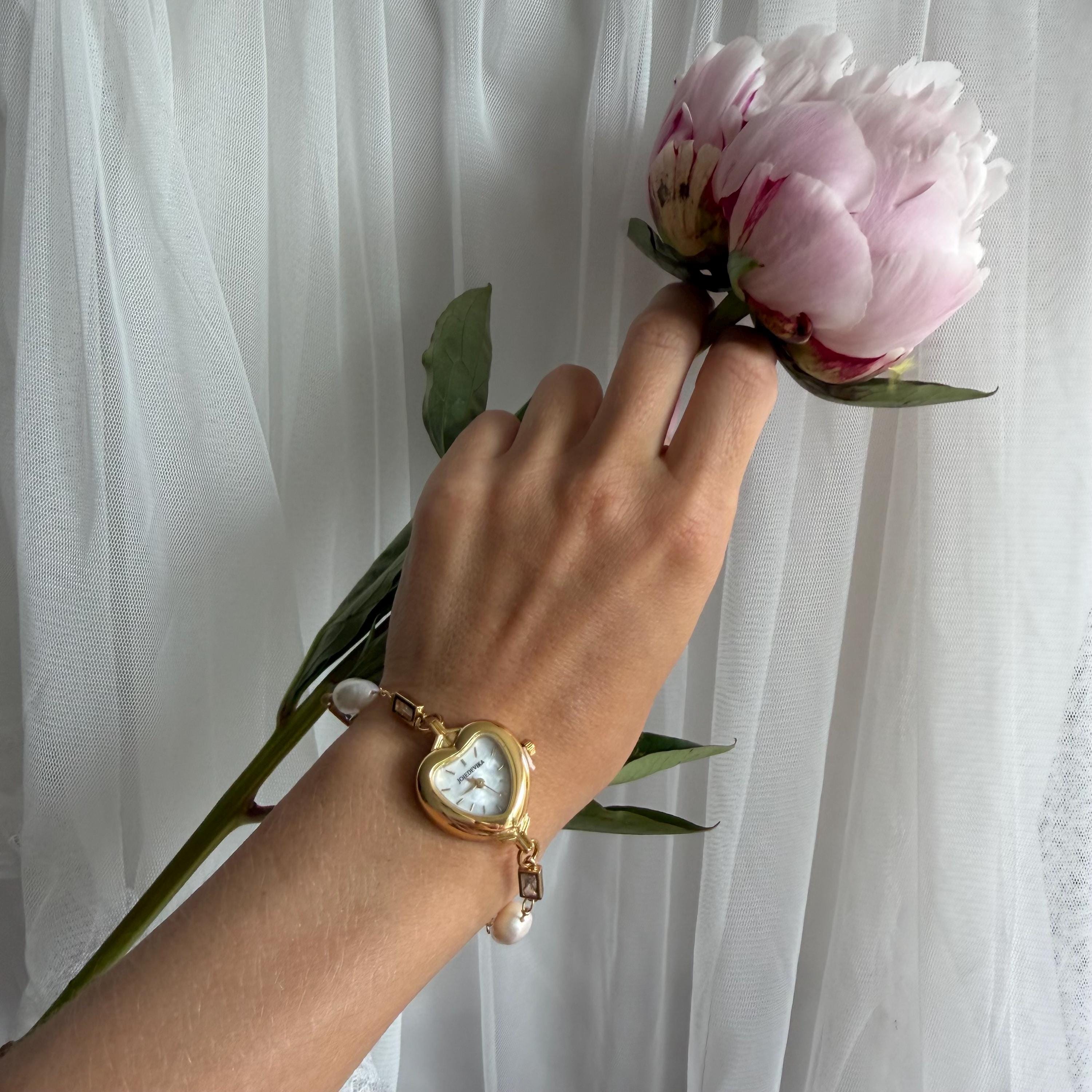 Heart Watch Bracelet with Freshwater Pearls