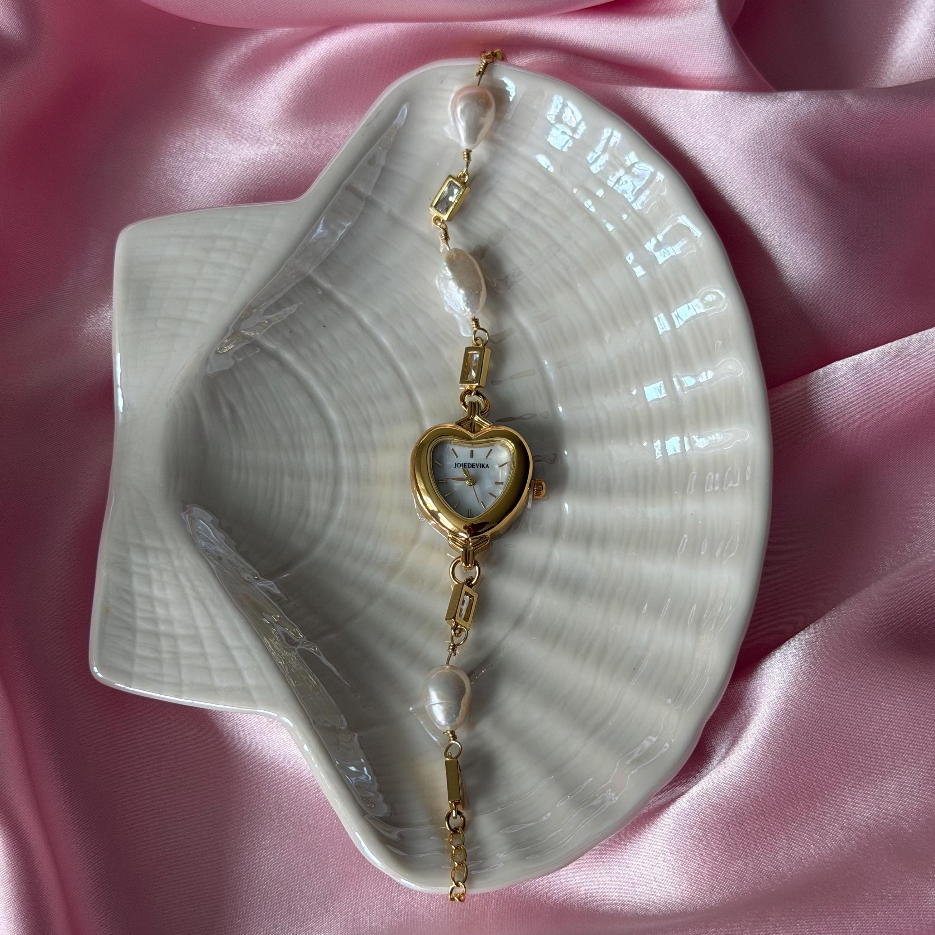 Heart Watch Bracelet with Freshwater Pearls