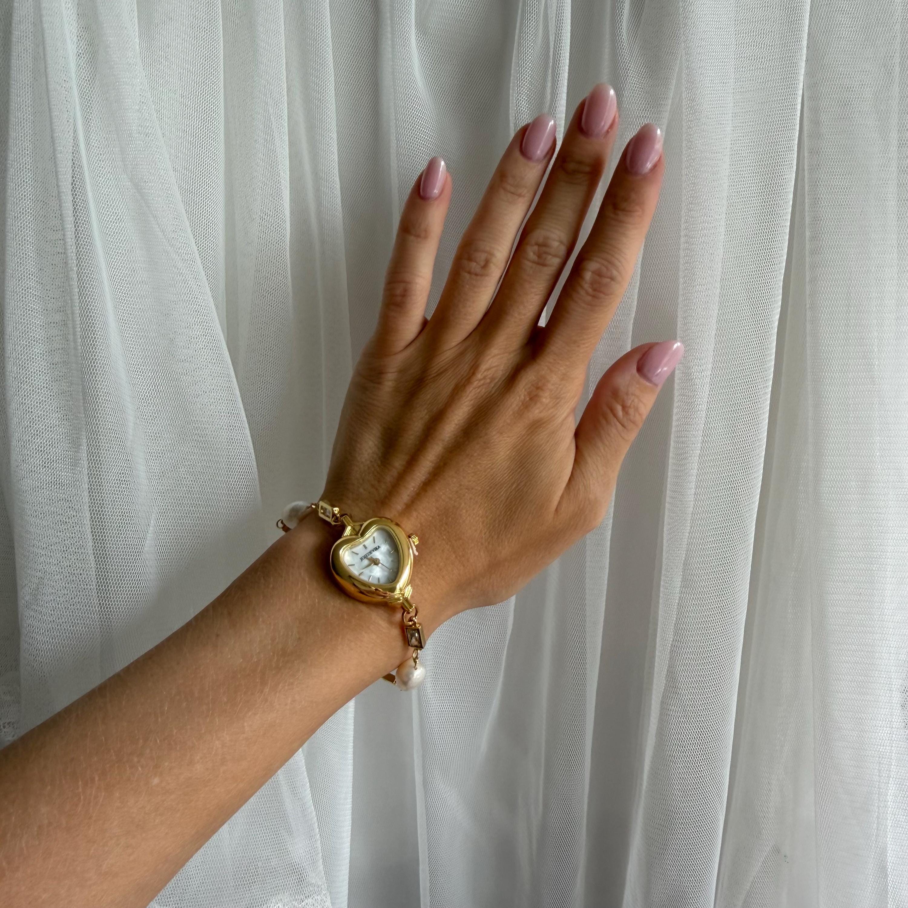 Heart Watch Bracelet with Freshwater Pearls