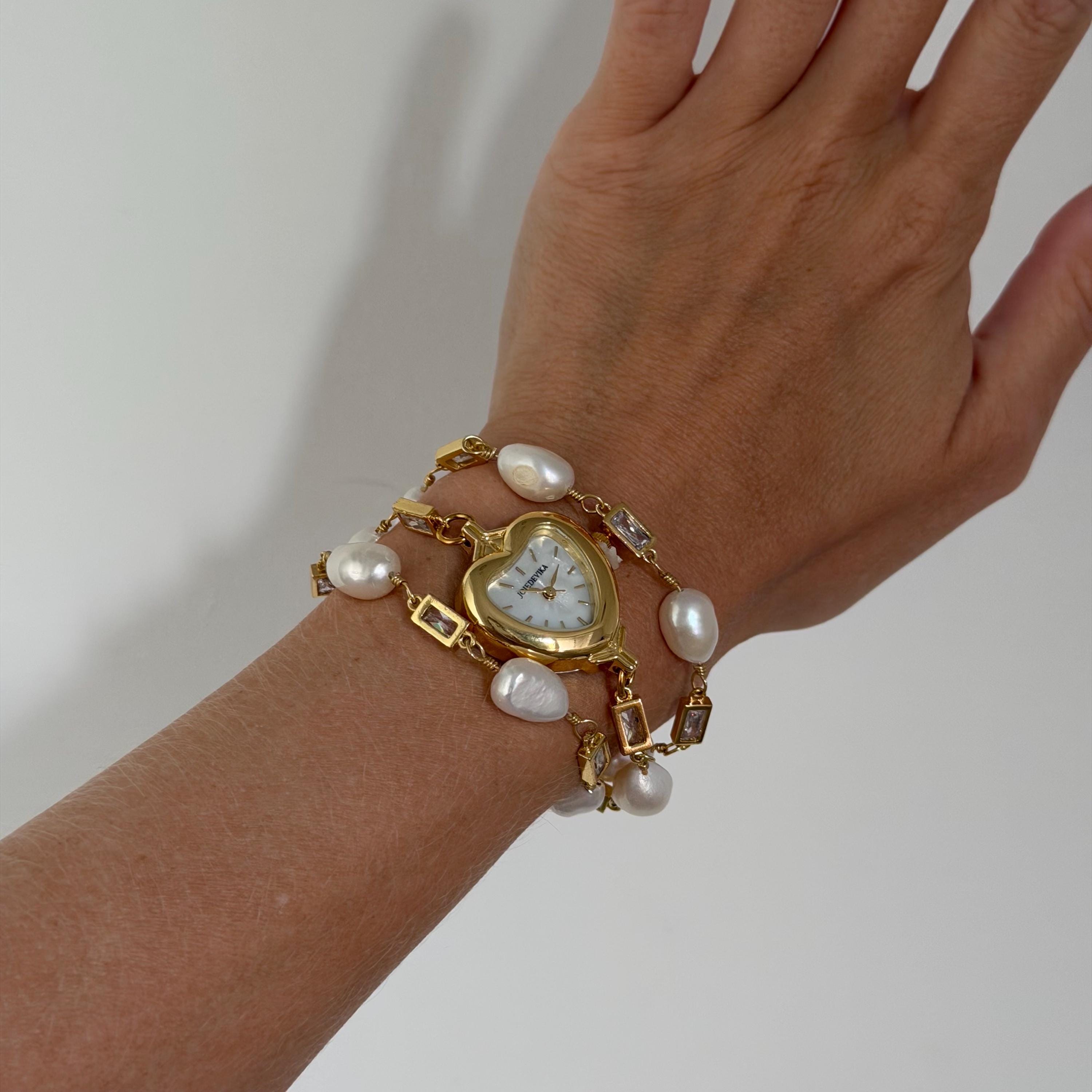 Heart Watch Bracelet with Freshwater Pearls