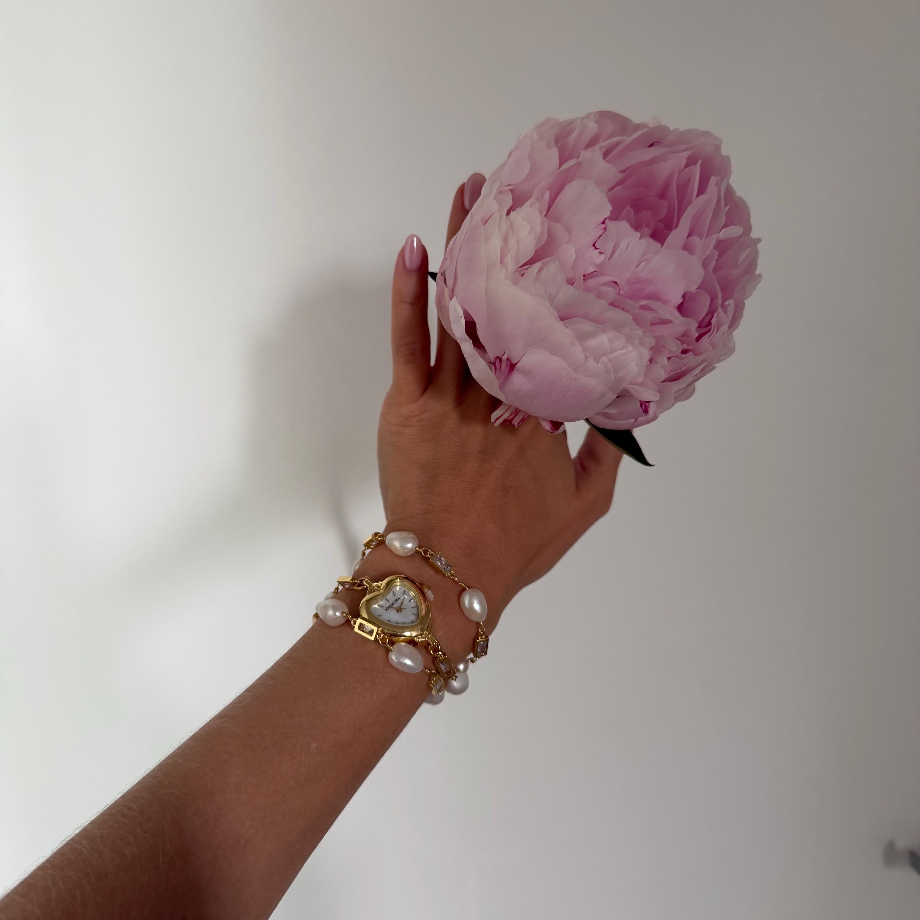 Heart Watch Bracelet with Freshwater Pearls
