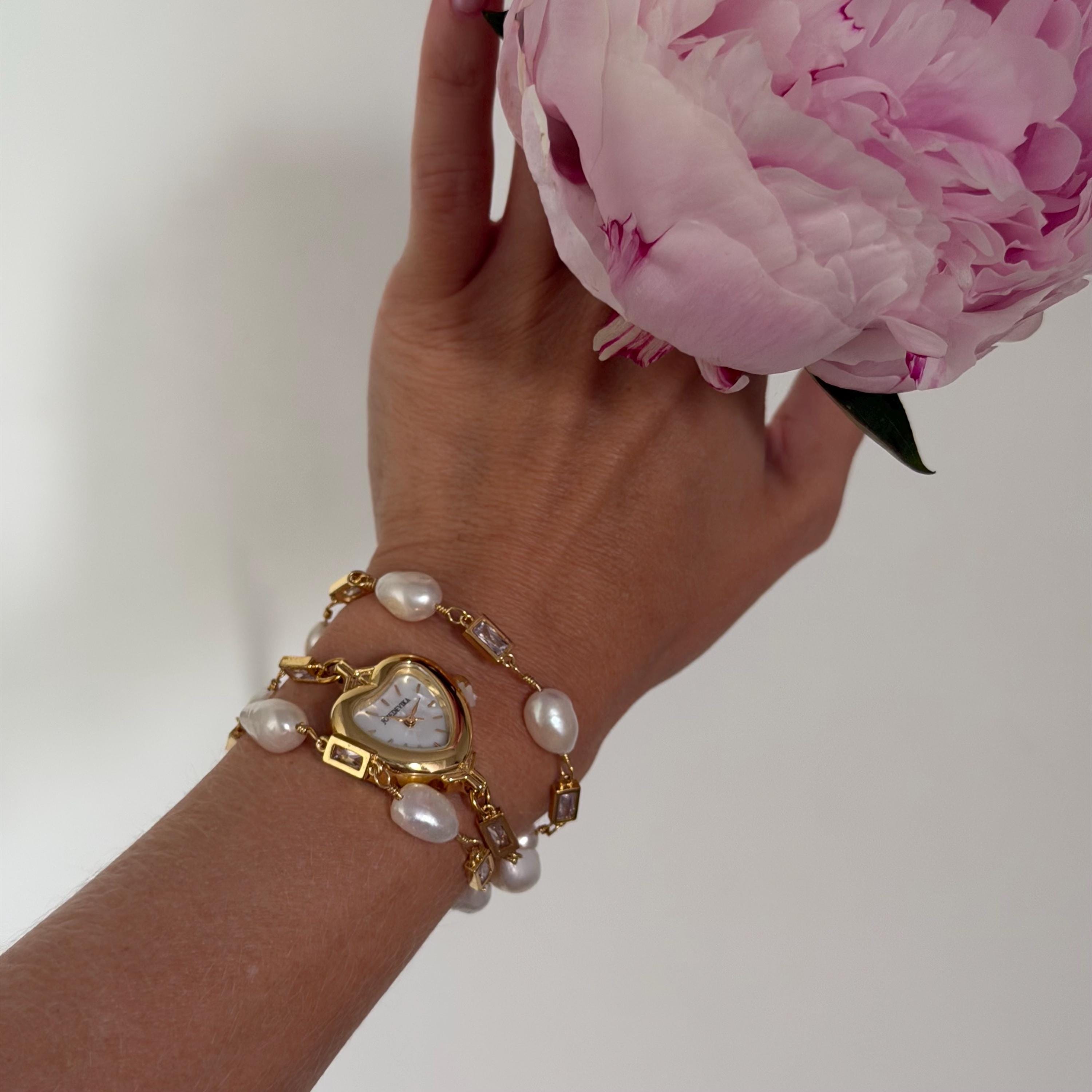 Heart Watch Bracelet with Freshwater Pearls