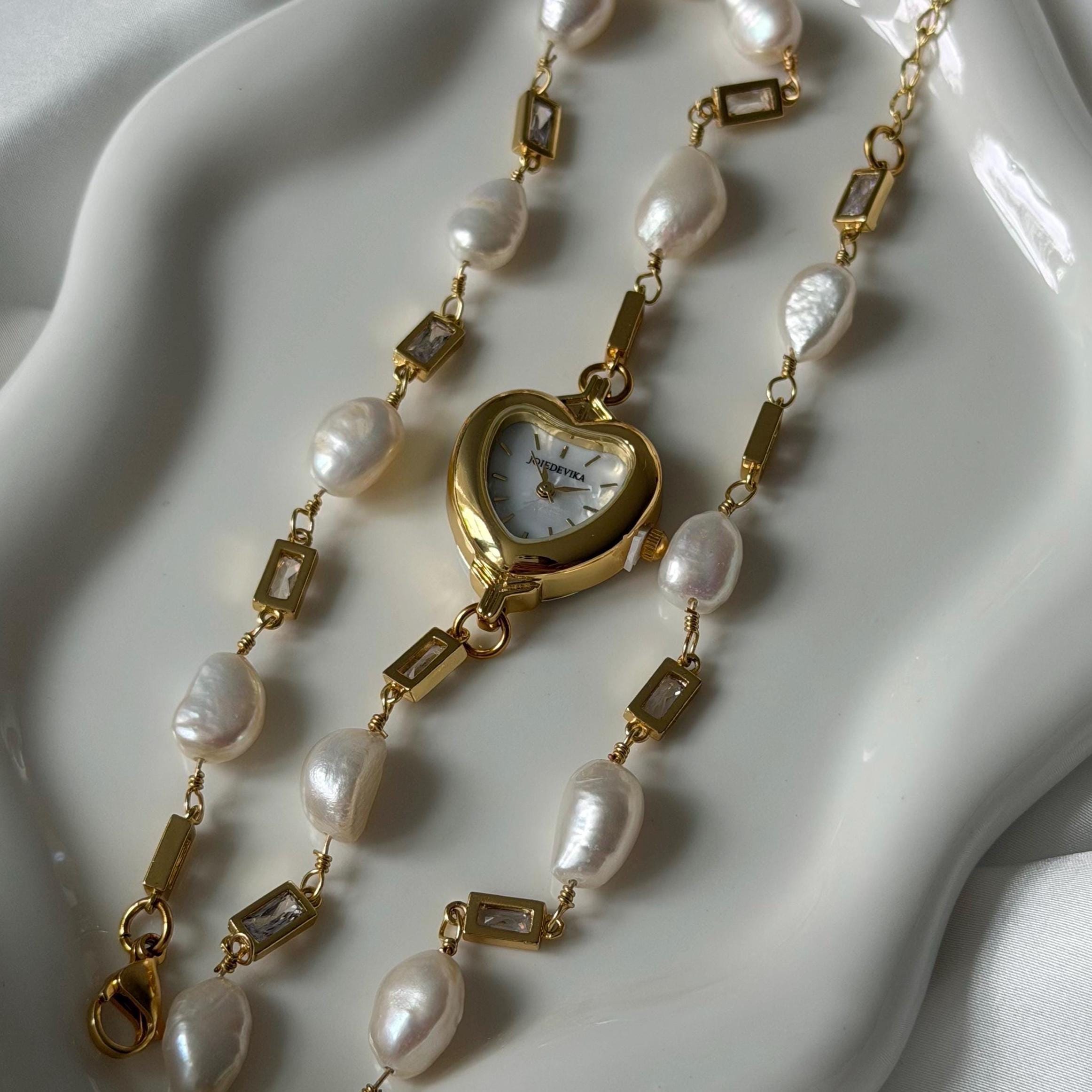 Heart Watch Bracelet with Freshwater Pearls