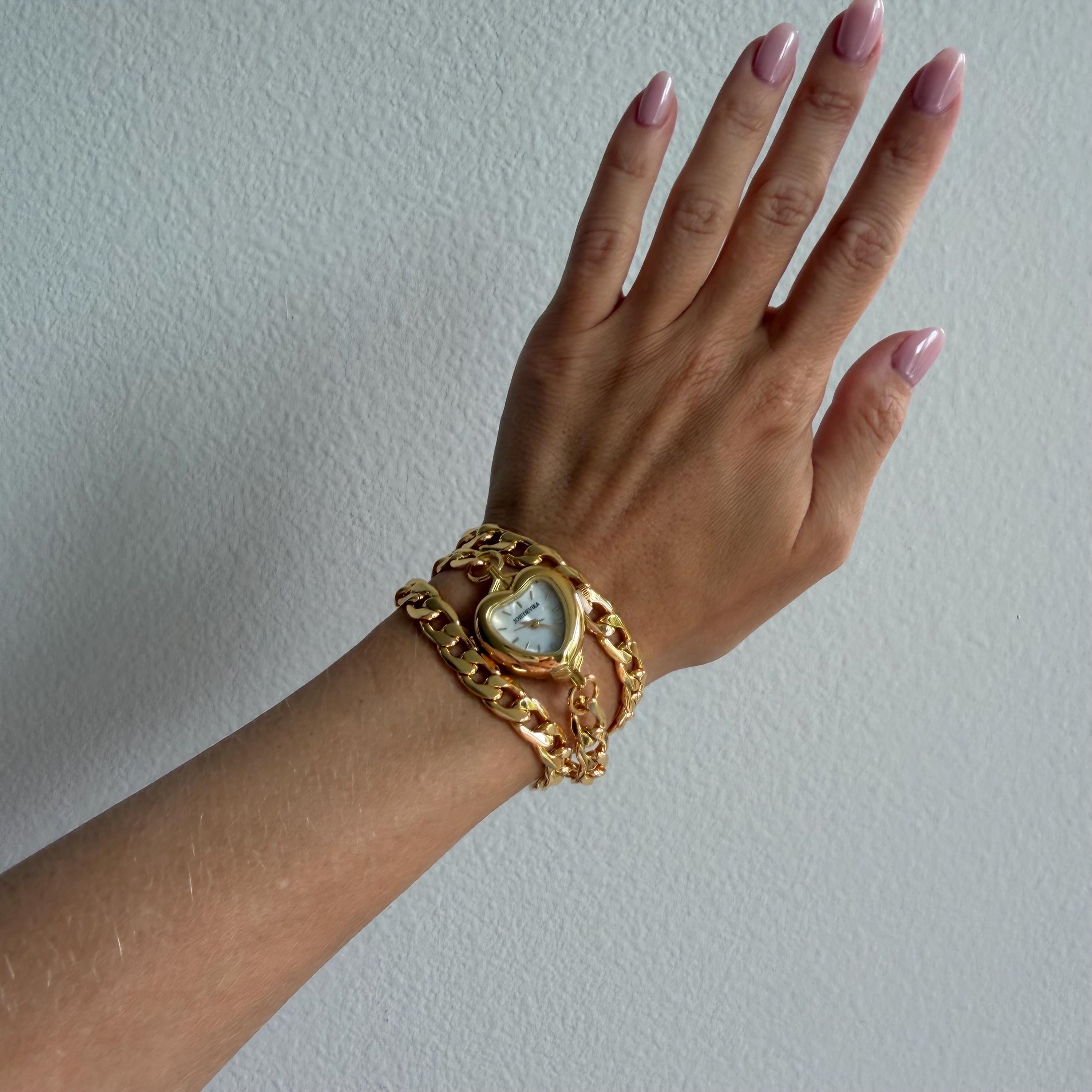 Heart Watch Wrap Bracelet, Chunky Gold Chain Watch Bracelet, Shell Dial Heart Watch, Old Money Coquette Jewelry, My Design, Gift for Her