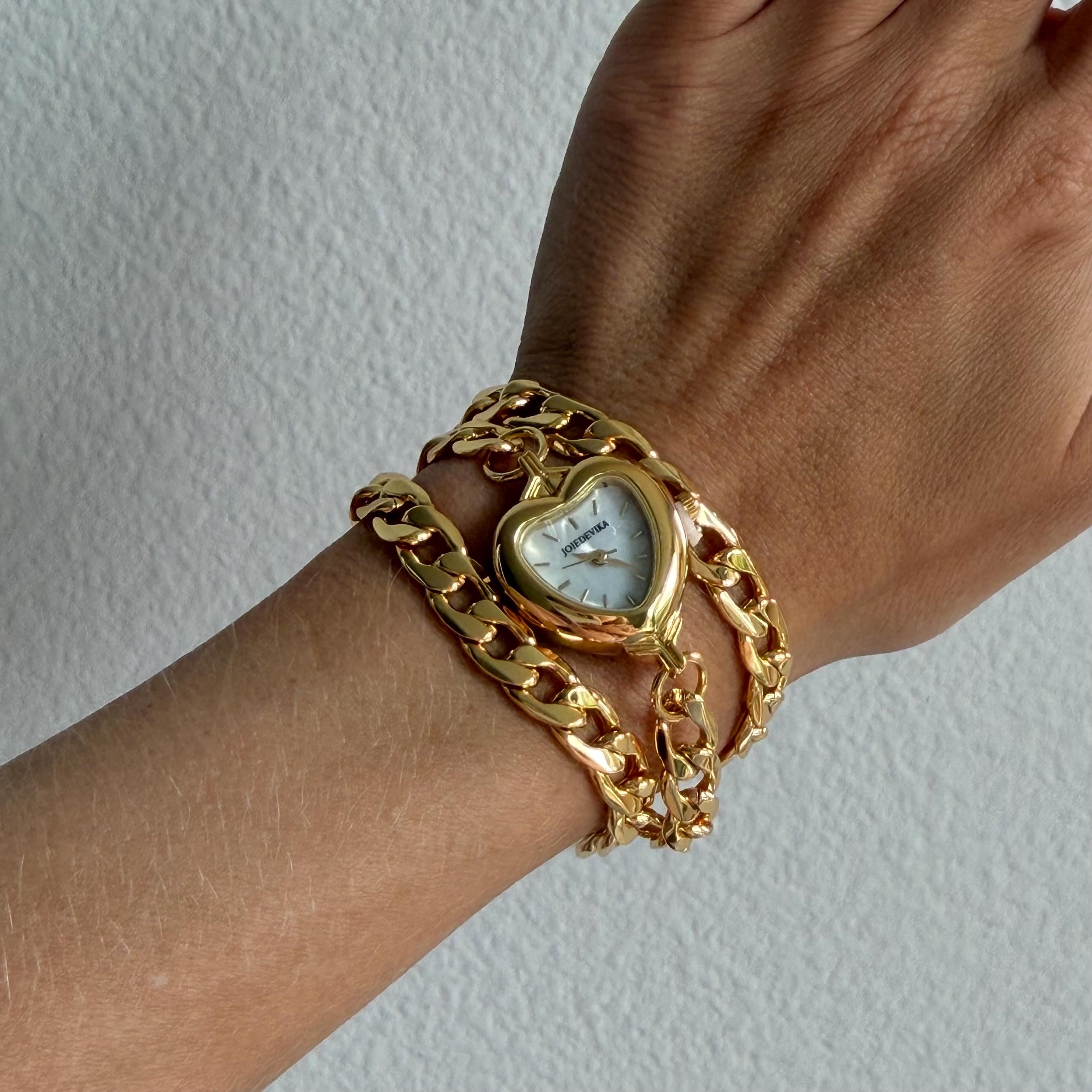 Heart Watch Wrap Bracelet, Chunky Gold Chain Watch Bracelet, Shell Dial Heart Watch, Old Money Coquette Jewelry, My Design, Gift for Her