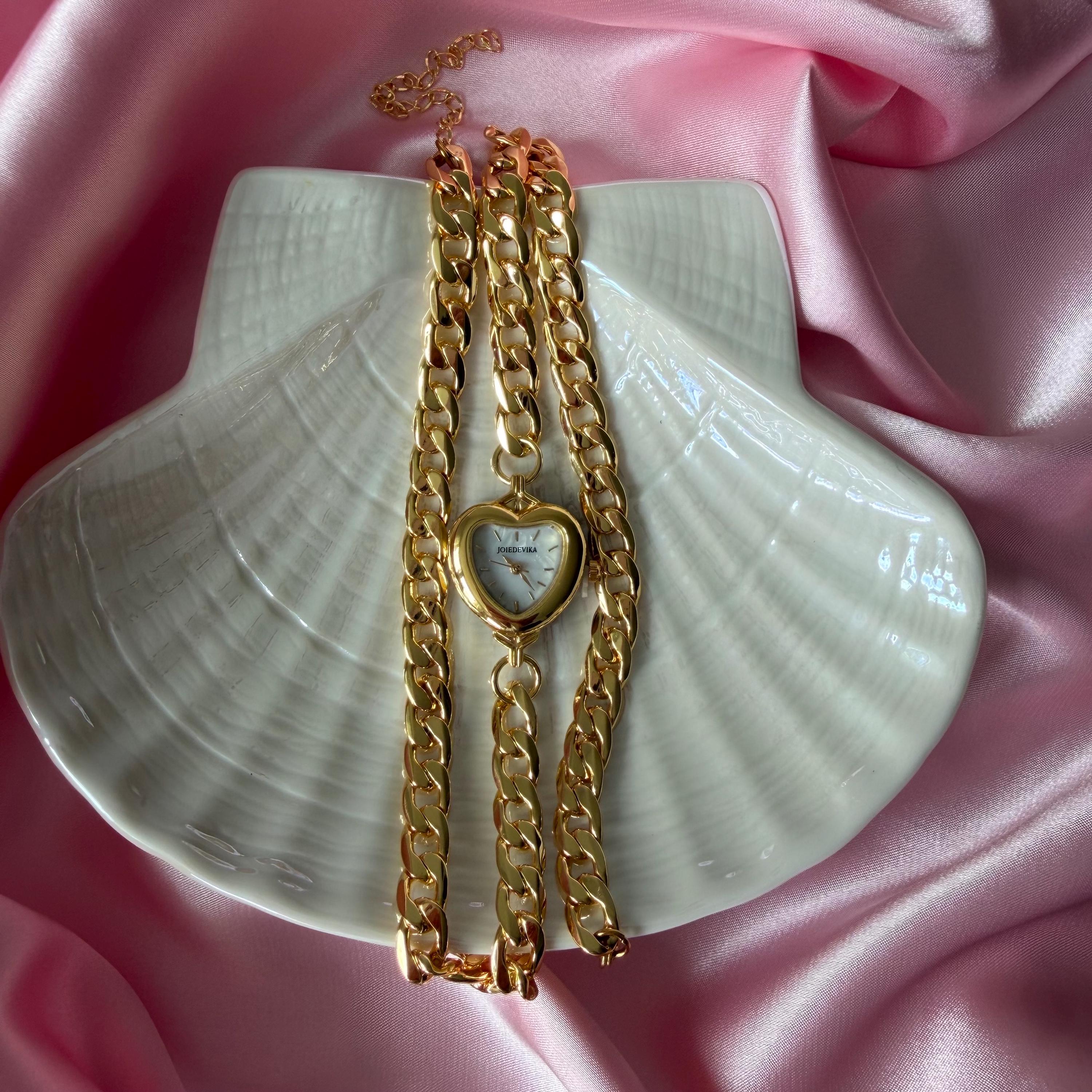 Heart Watch Wrap Bracelet, Chunky Gold Chain Watch Bracelet, Shell Dial Heart Watch, Old Money Coquette Jewelry, My Design, Gift for Her
