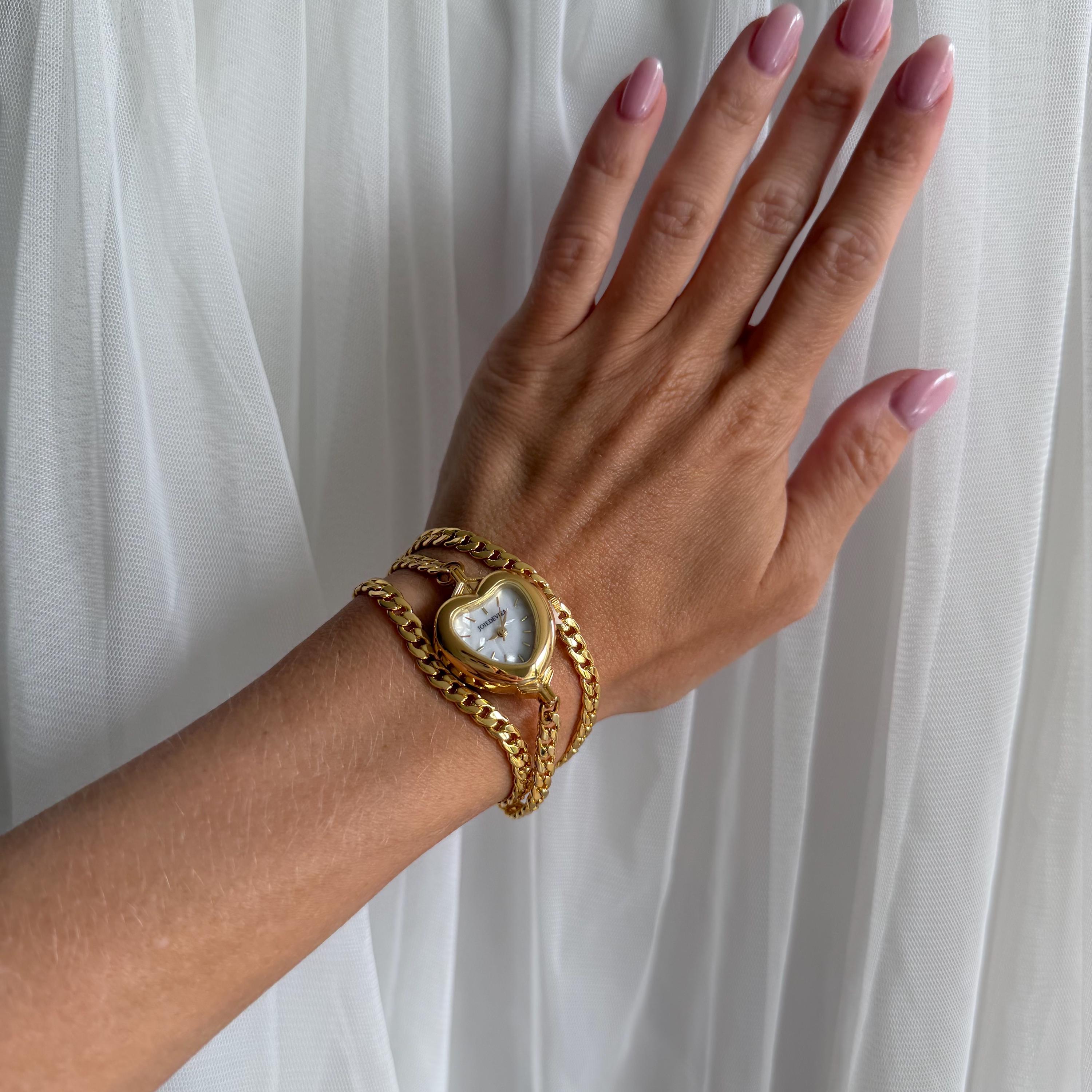 Heart Watch Bracelet, Dainty Gold Curb Chain Watch Bracelet, Shell Dial Heart Watch, Old Money Coquette Jewelry, My Design, Gift for Her