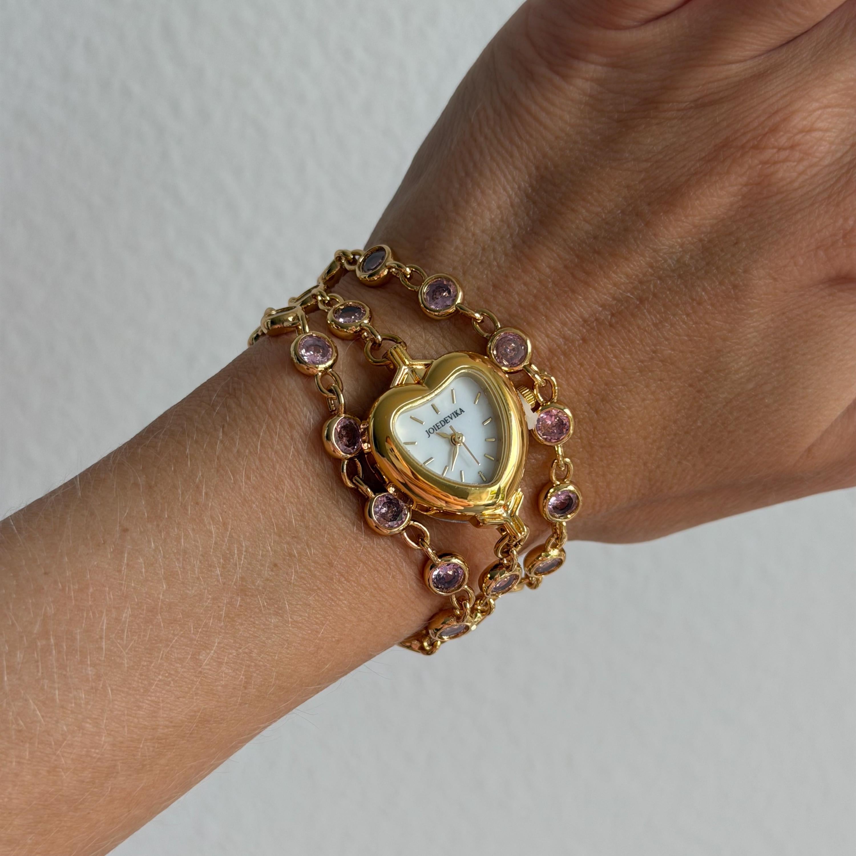 Heart Watch Bracelet with Pink Rhinestones Doube Wrap