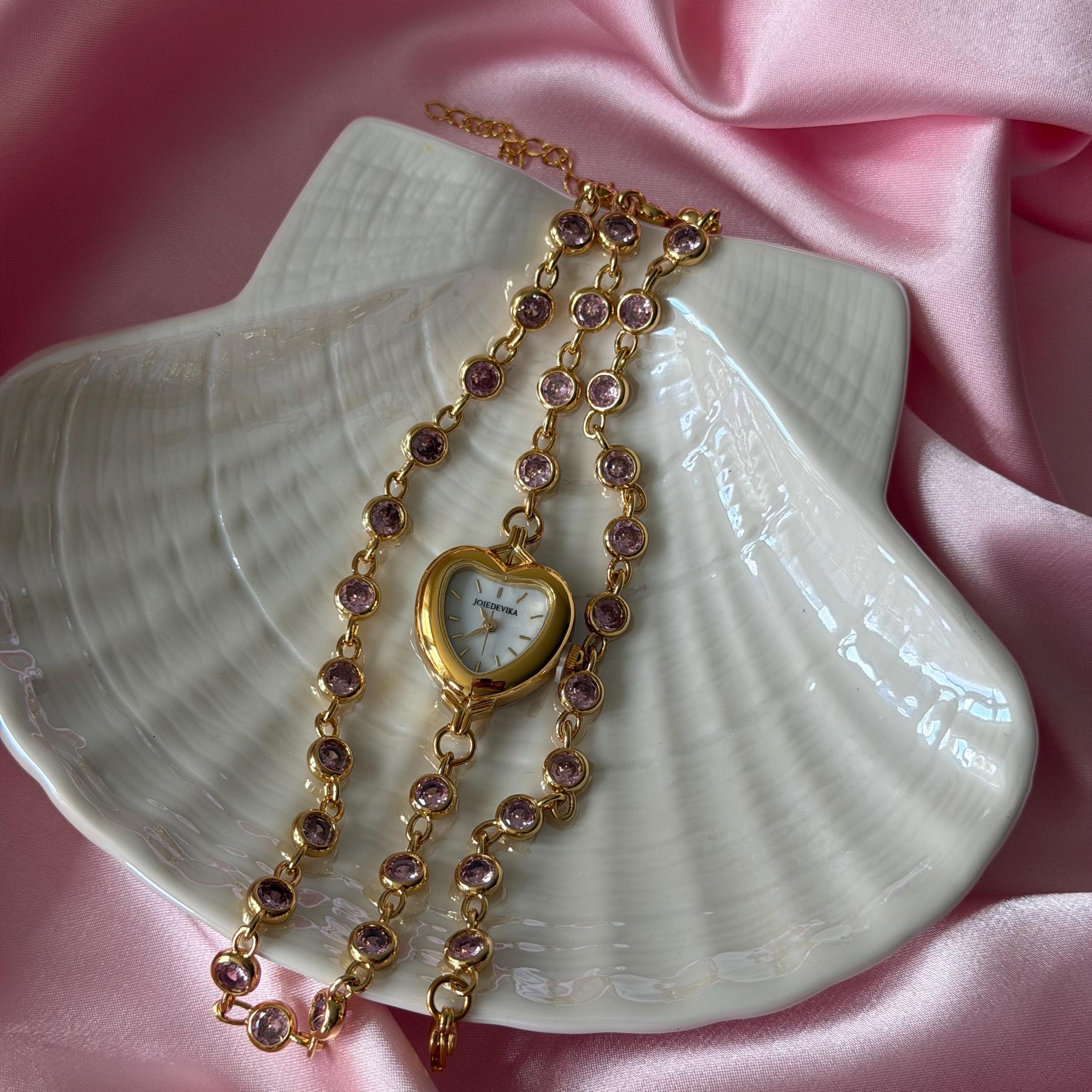 Heart Watch Bracelet with Pink Rhinestones Doube Wrap