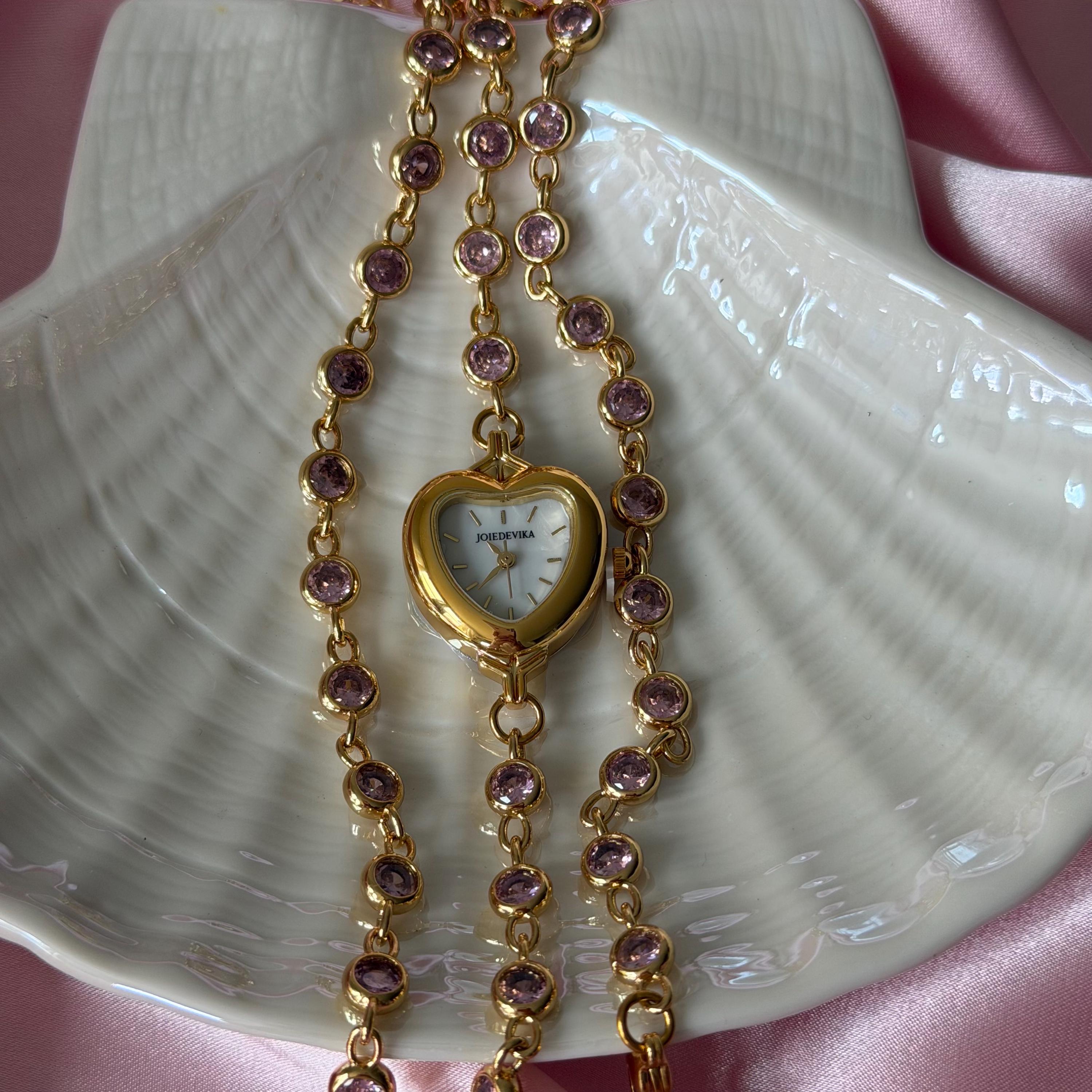 Heart Watch Bracelet with Pink Rhinestones Doube Wrap
