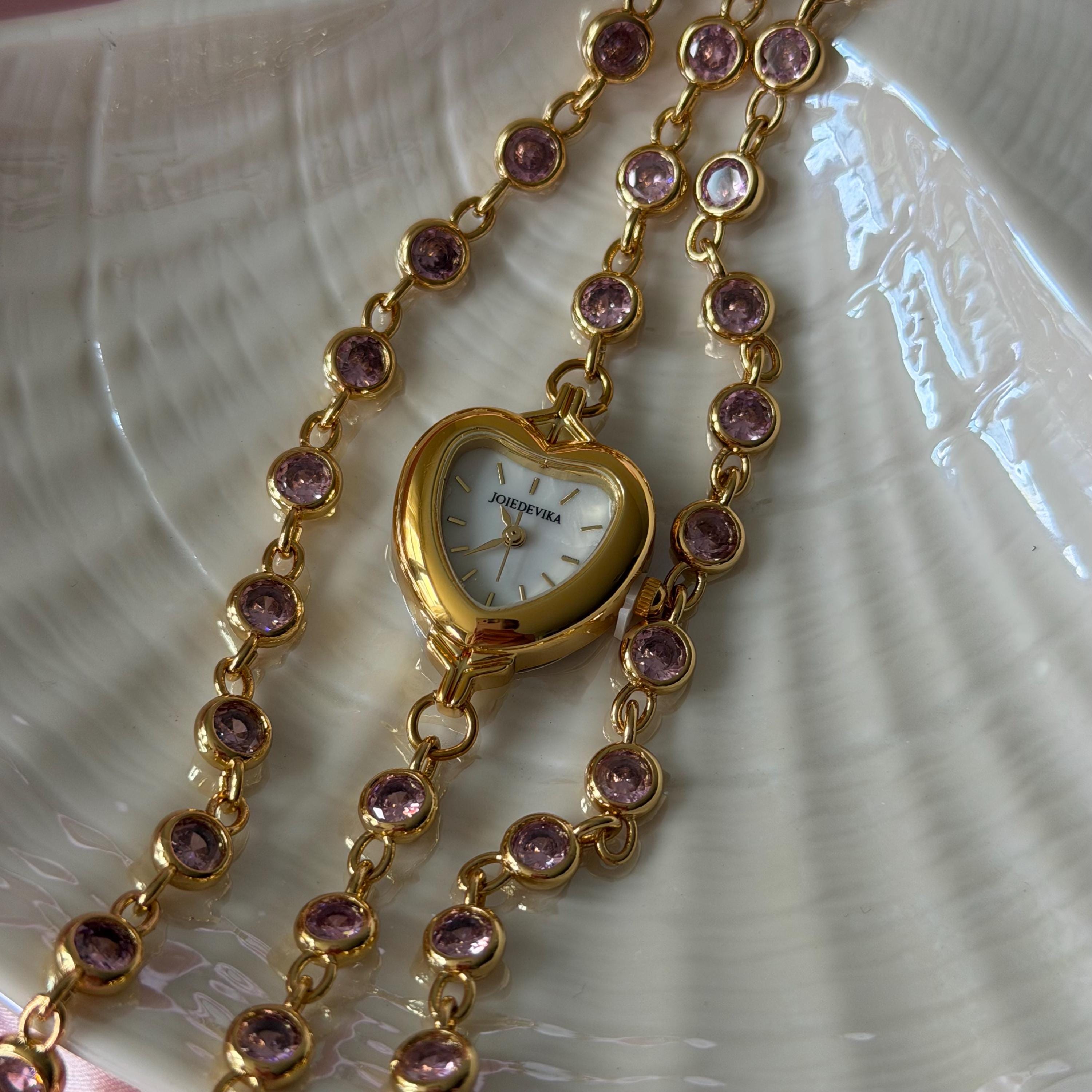 Heart Watch Bracelet with Pink Rhinestones Doube Wrap