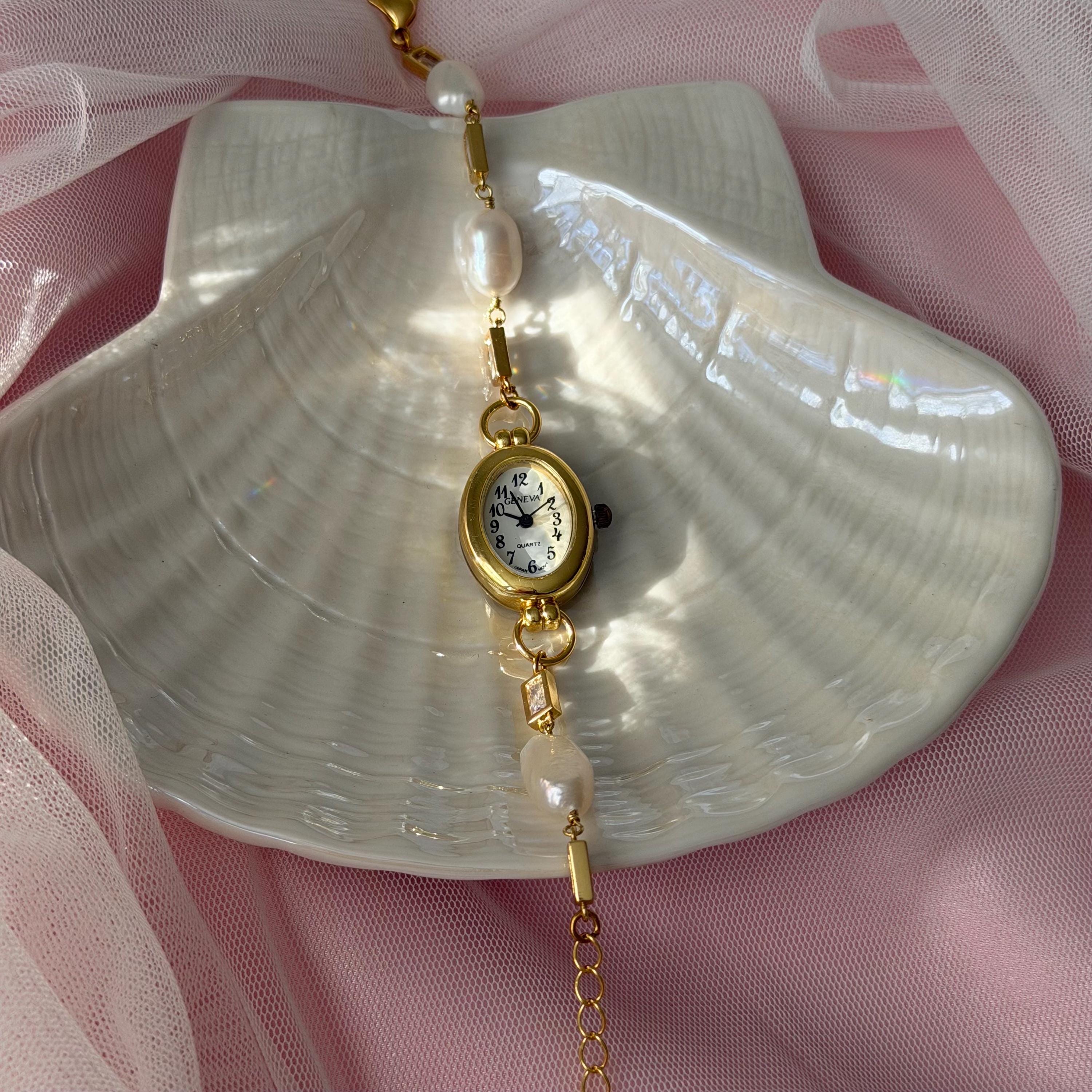Gold Watch Bracelet, Vintage Inspired Bracelet Watch, Coquette Watch Jewelry, Pearl Heart Chain Watch, Gift for Her