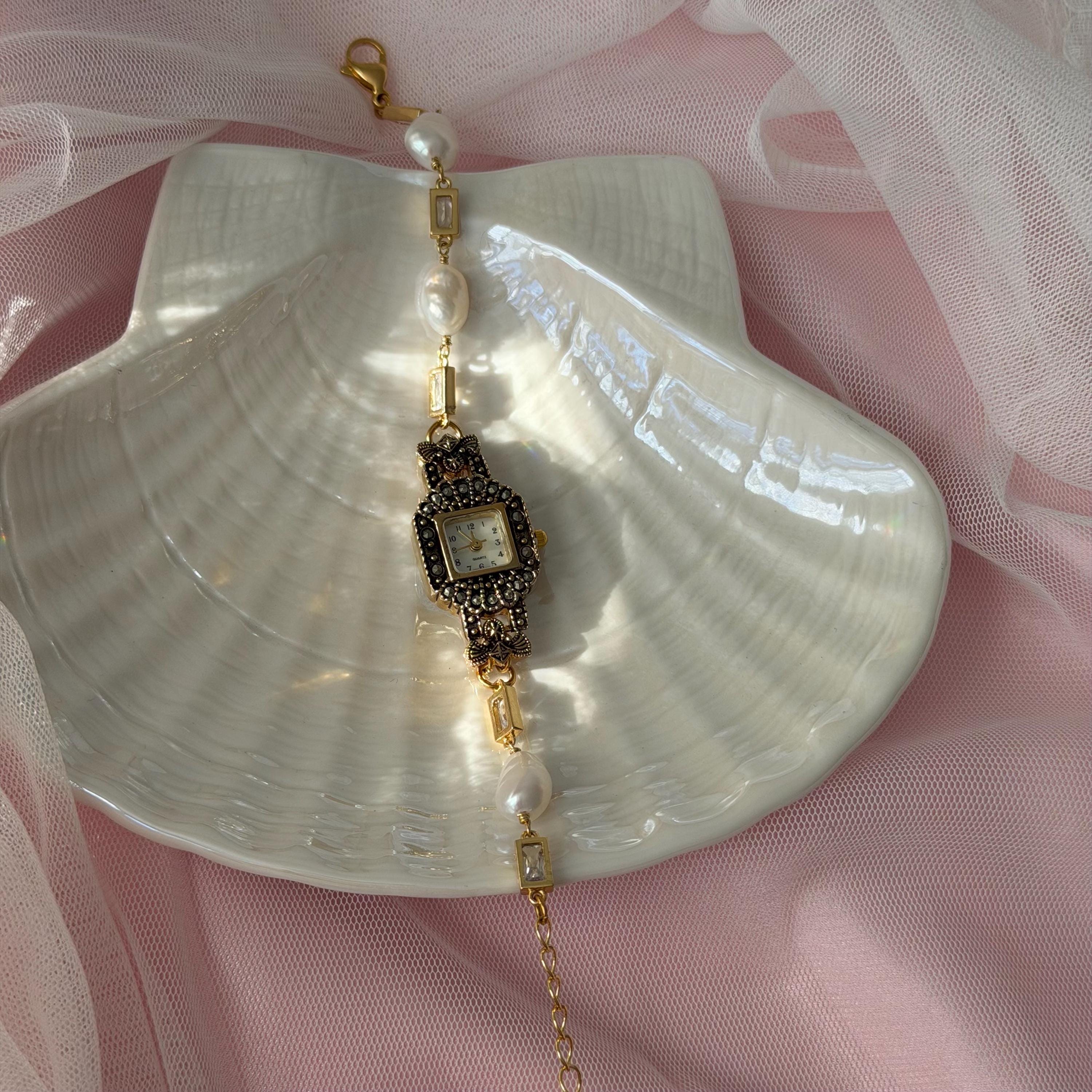 Gold Watch Bracelet, Vintage Inspired Bracelet Watch, Coquette Watch Jewelry, Pearl Heart Chain Watch, Gift for Her