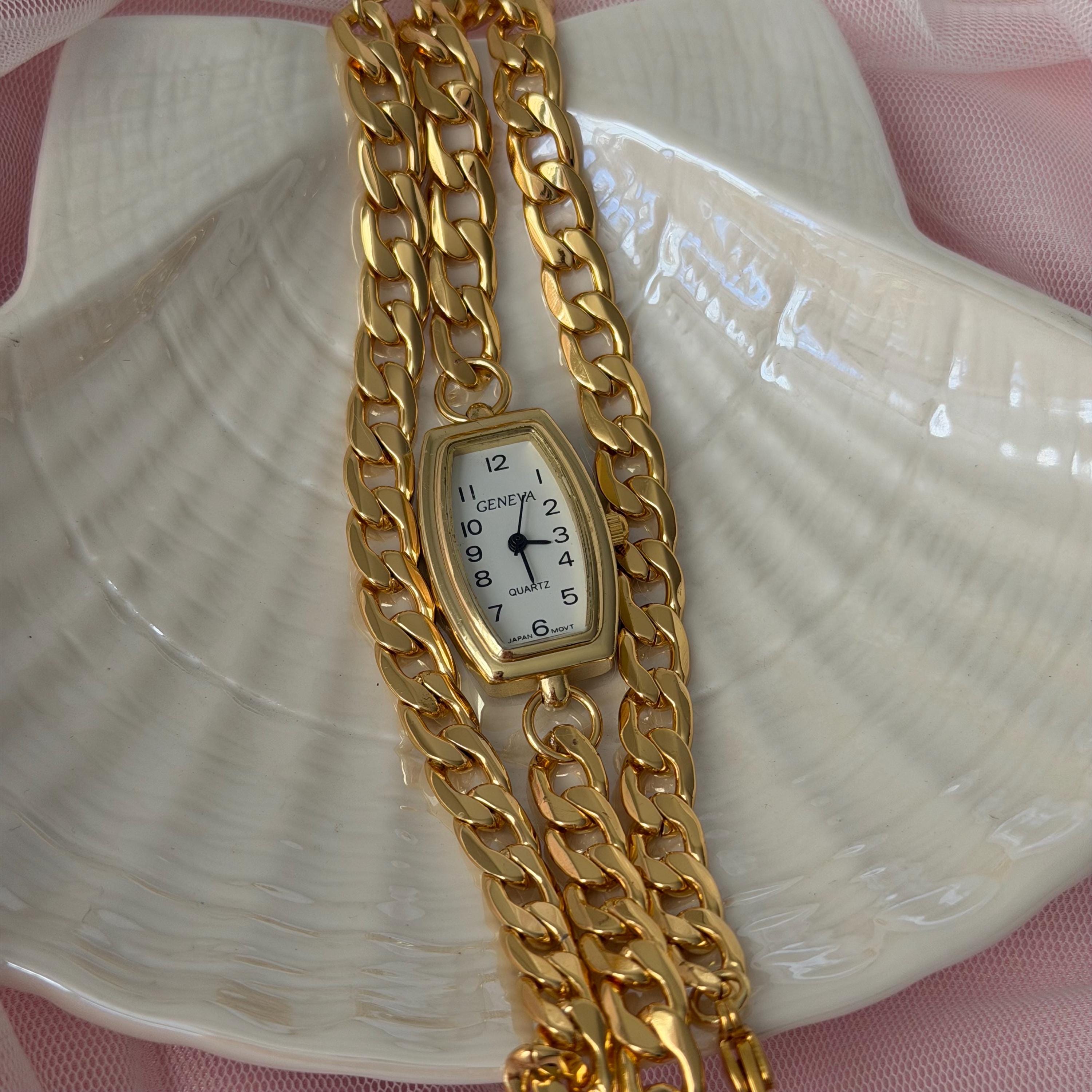 Gold Watch Bracelet, Vintage Inspired Bracelet Watch, Coquette Watch Jewelry, Pearl Heart Chain Watch, Gift for Her