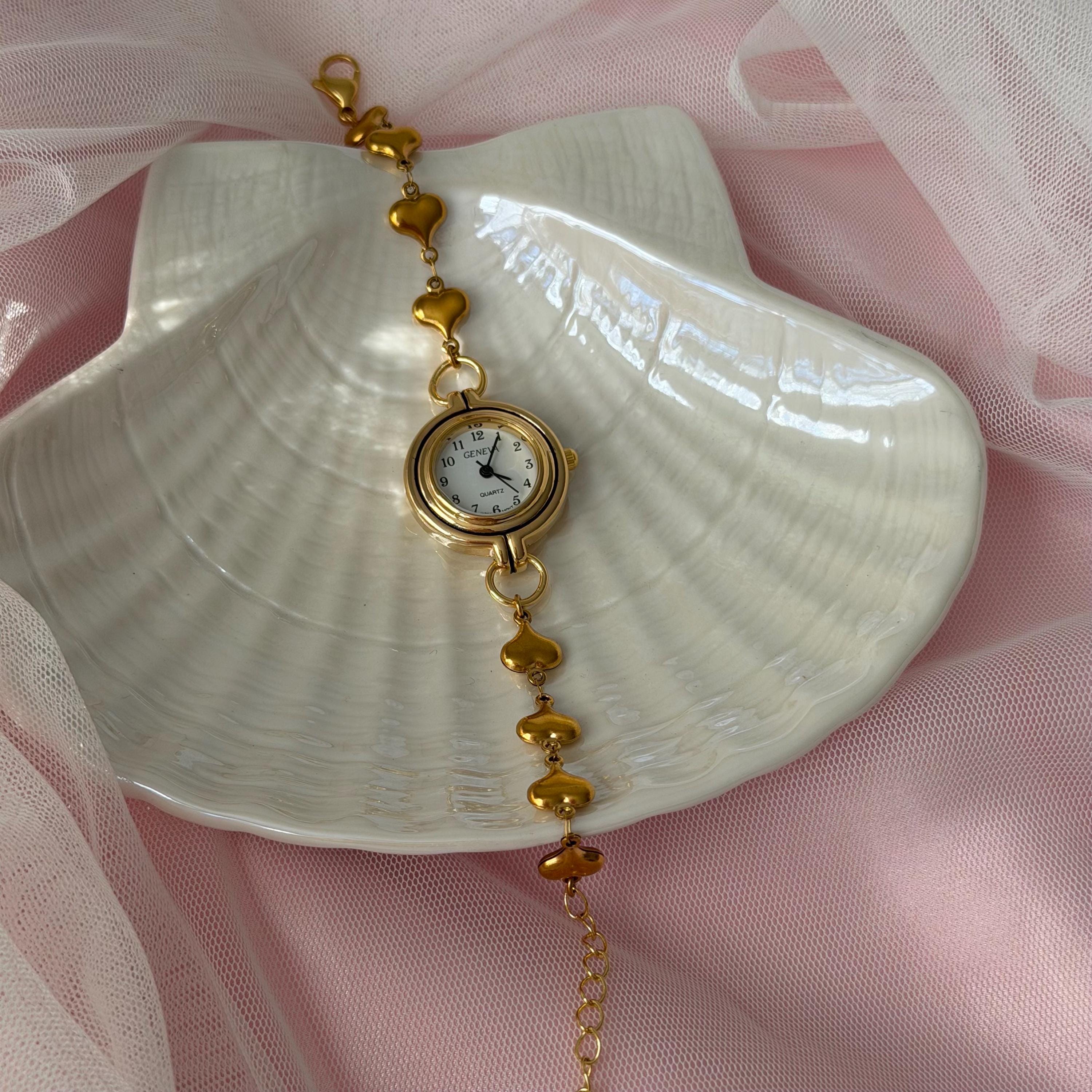 Gold Watch Bracelet, Vintage Inspired Bracelet Watch, Coquette Watch Jewelry, Pearl Heart Chain Watch, Gift for Her