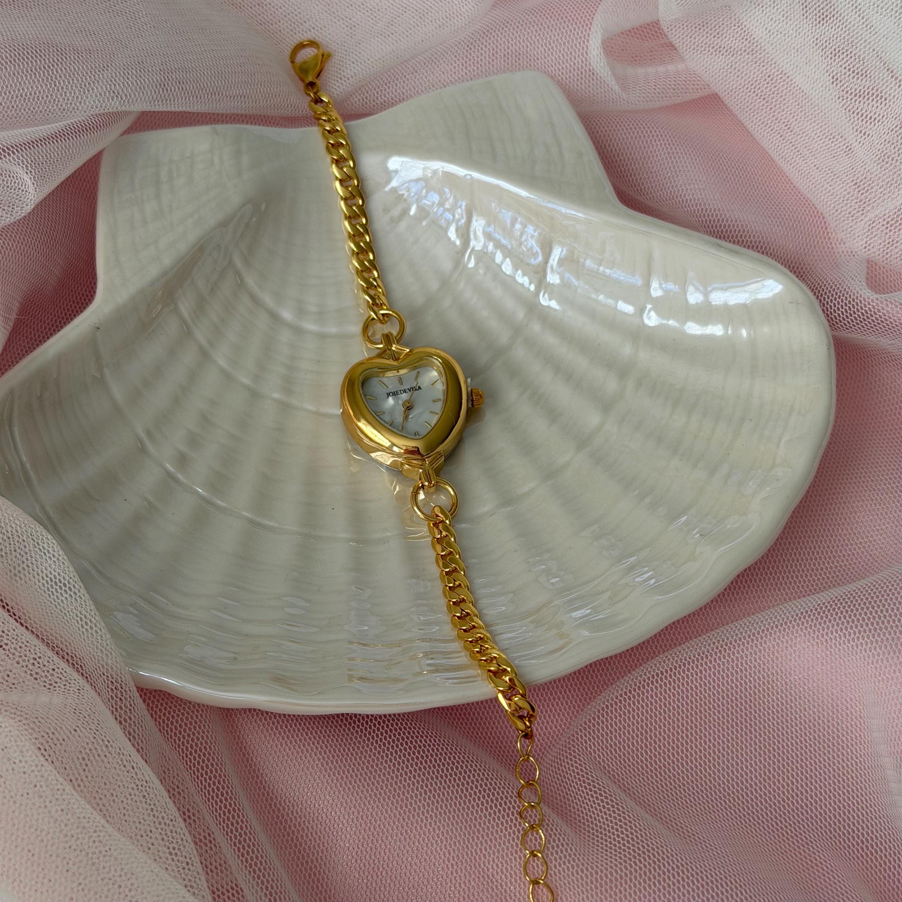 Gold Watch Bracelet, Vintage Inspired Bracelet Watch, Coquette Watch Jewelry, Pearl Heart Chain Watch, Gift for Her