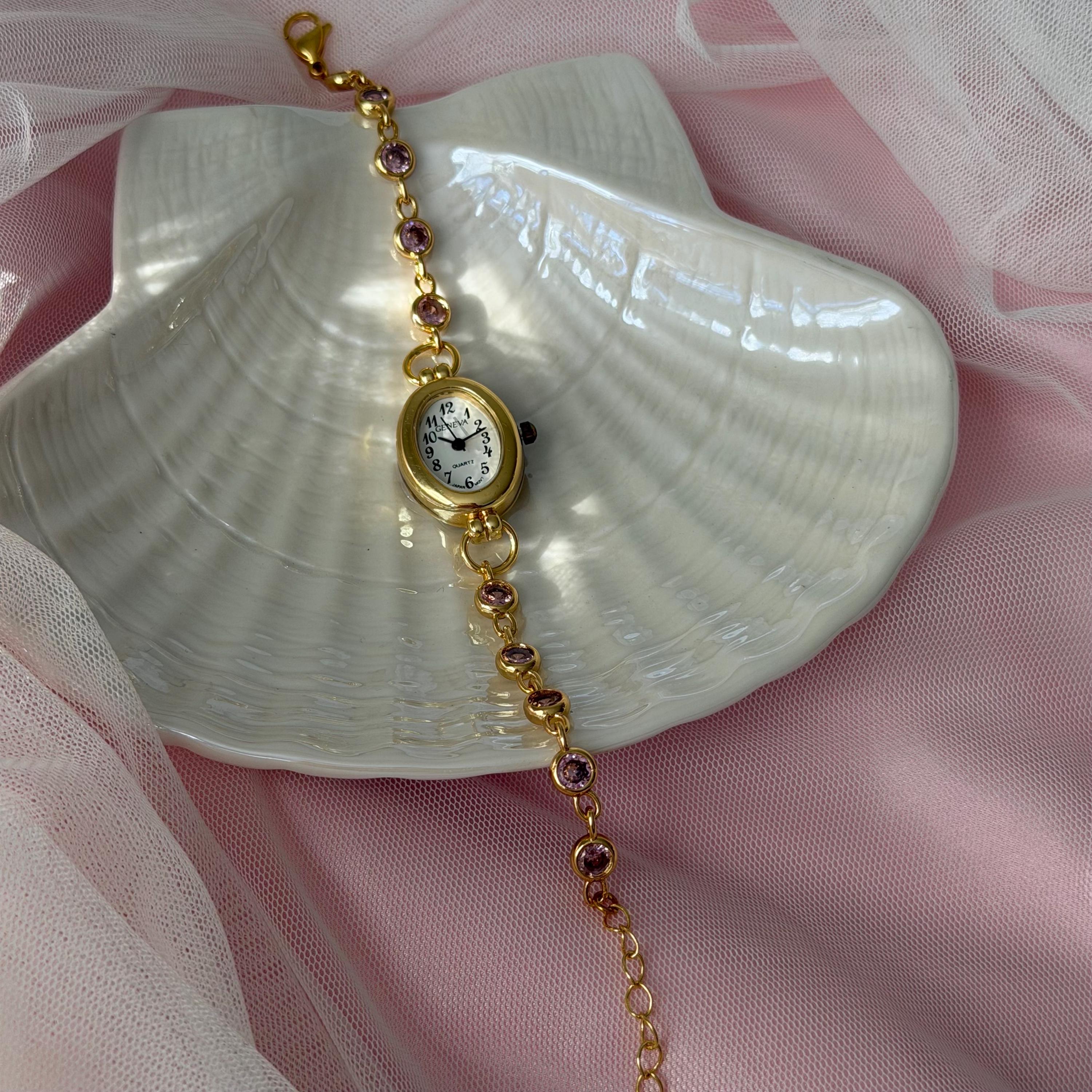Gold Watch Bracelet, Vintage Inspired Bracelet Watch, Coquette Watch Jewelry, Pearl Heart Chain Watch, Gift for Her