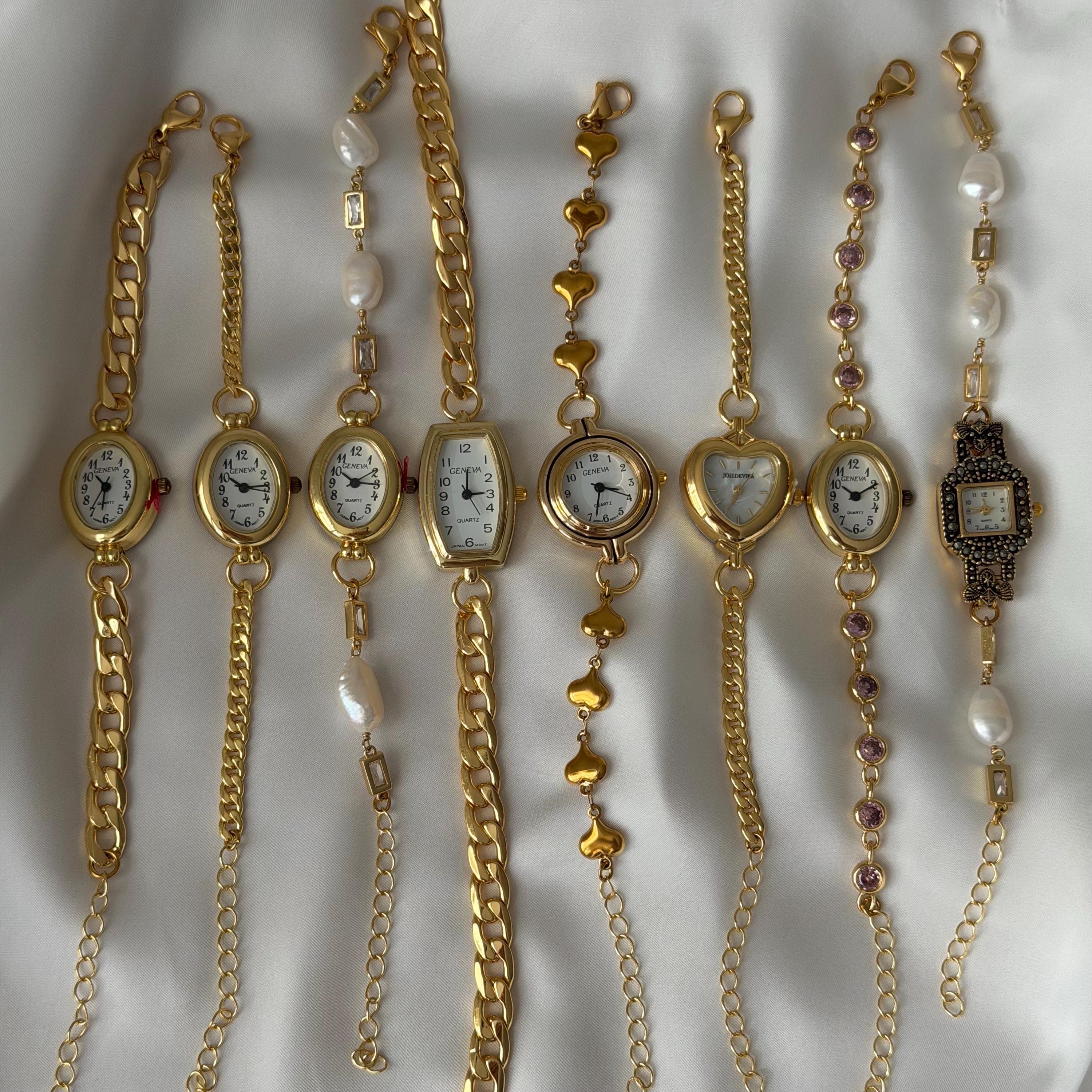 Gold Watch Bracelet, Vintage Inspired Bracelet Watch, Coquette Watch Jewelry, Pearl Heart Chain Watch, Gift for Her