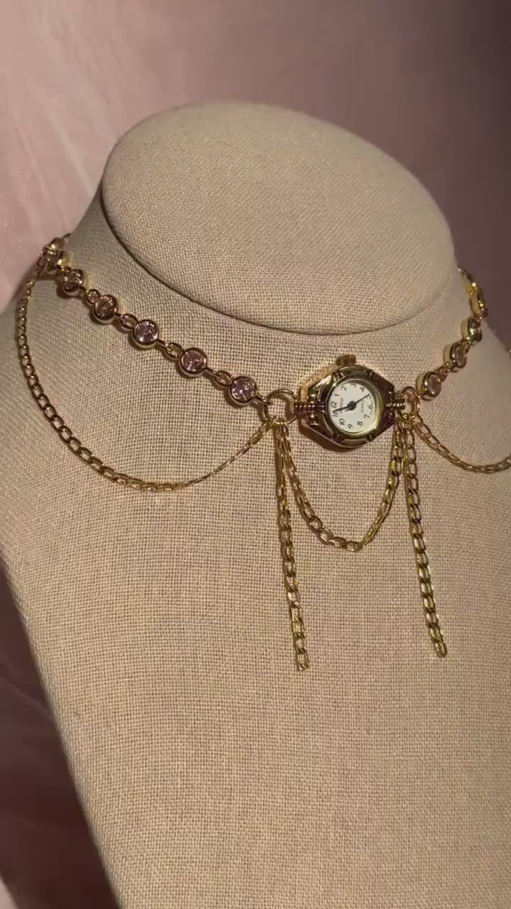 Watch Choker Necklace with Pink Rhinestones