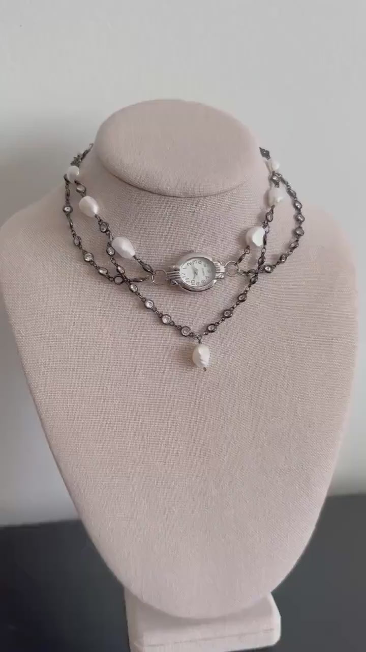 Watch choker necklace with freshwater pearls